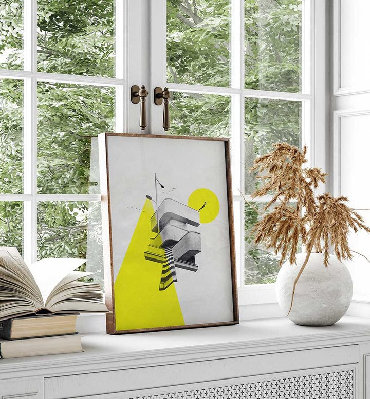 Stylish FIRST STEP, SURREAL ART PRINTS displayed by a window, enhancing modern decor with vibrant colors.