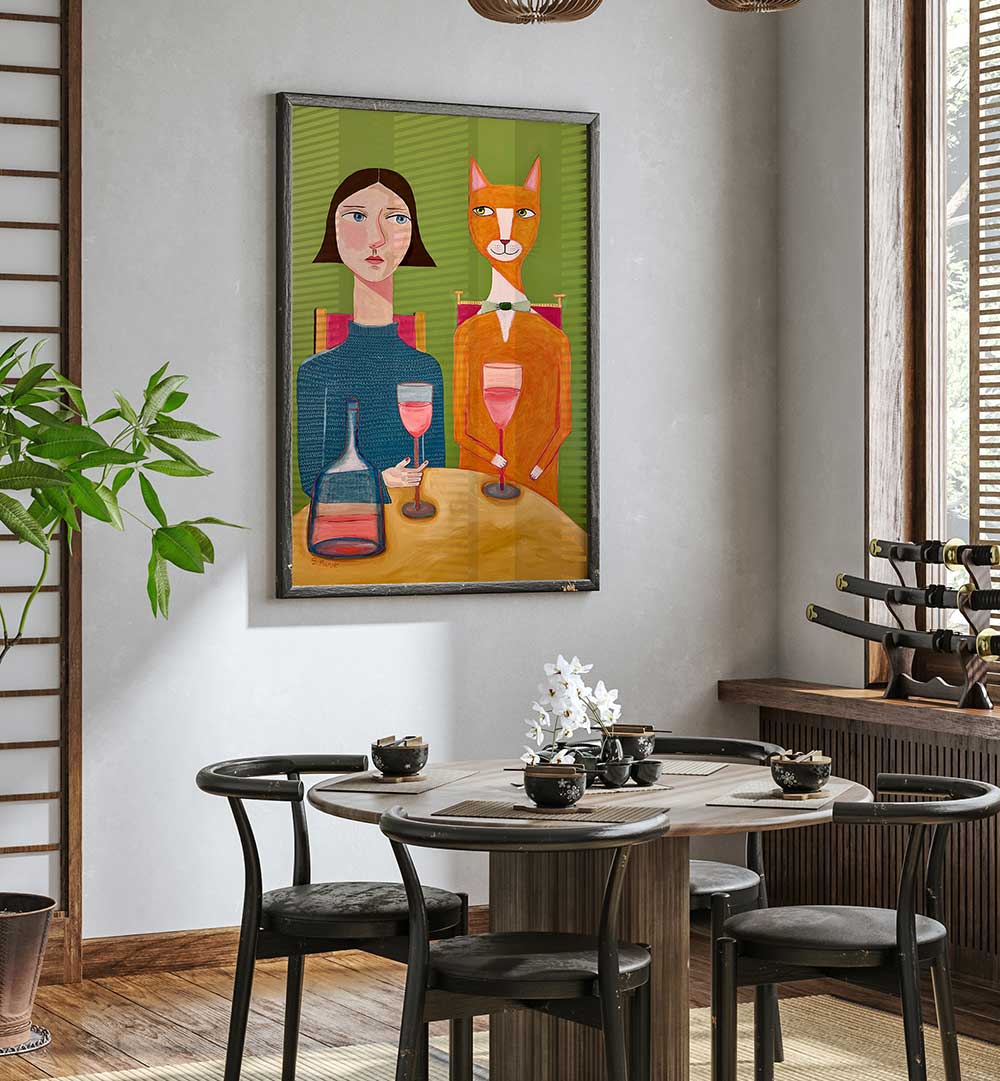 LADY AND CAT DRINKING WINE  , PORTRAITS & FIGURATIVE ILLUSTRATIONS