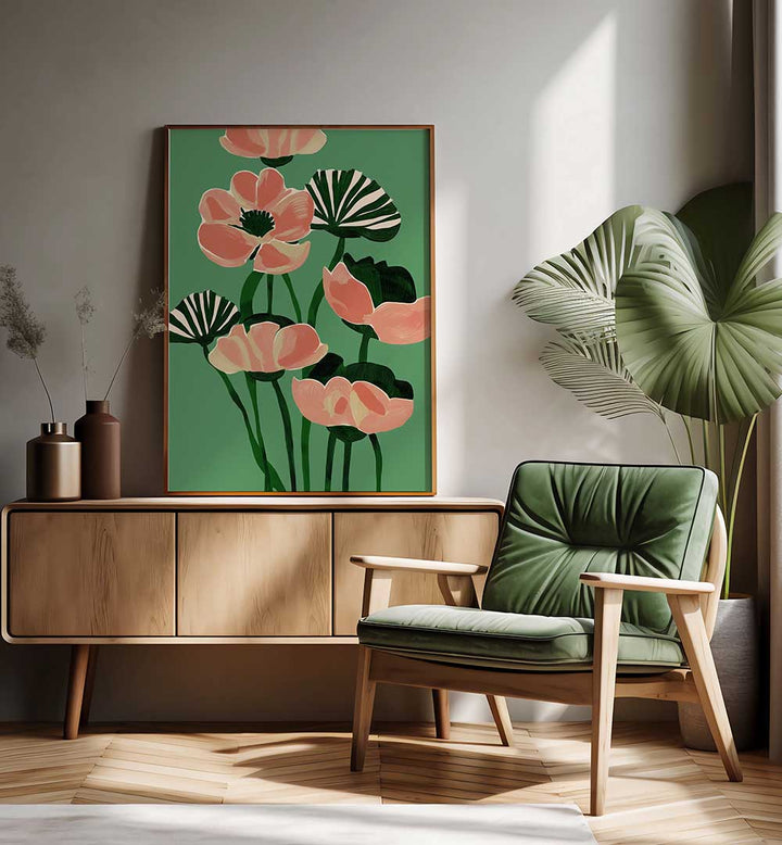 CORAL POPPIES ON GREEN , FLORAL FLOWER PAINTINGS