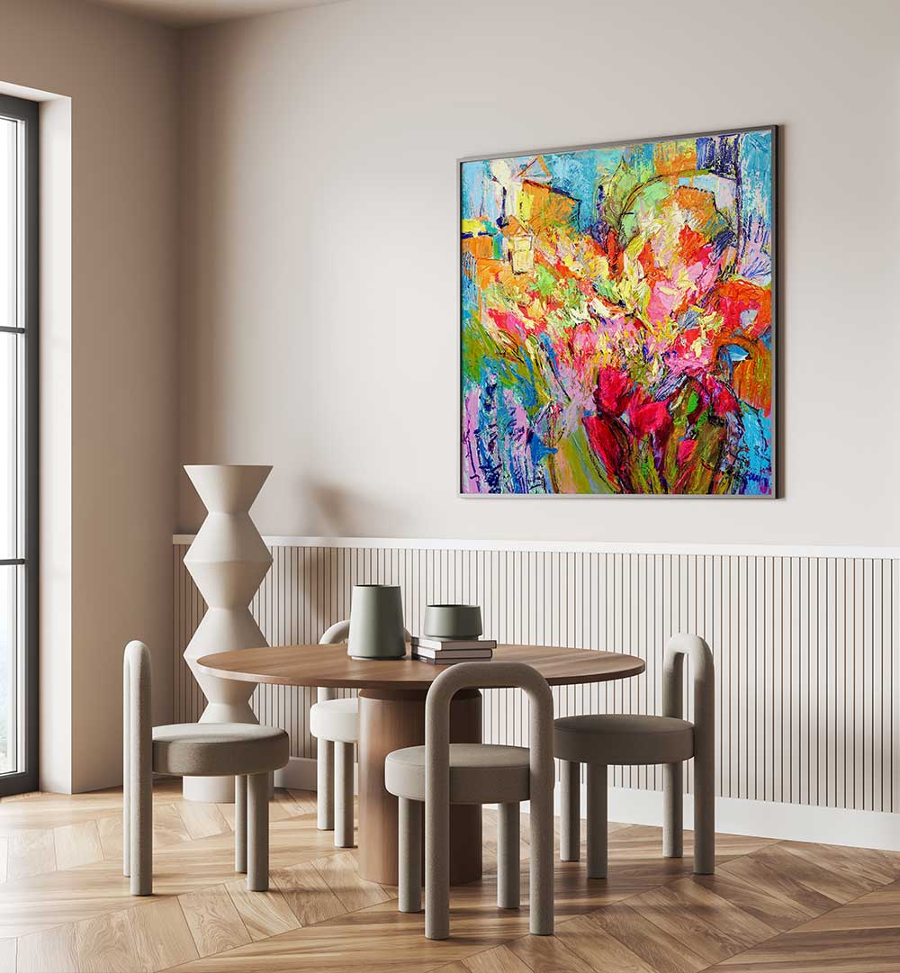BRILLIANT BLOOM SCAPE , ABSTRACT PAINTINGS vibrant floral abstract canvas above dining table in modern neutral interior