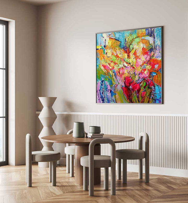 BRILLIANT BLOOM SCAPE , ABSTRACT PAINTINGS vibrant floral abstract canvas above dining table in modern neutral interior