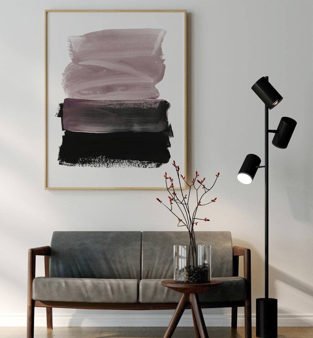 Elevate your decor with MAUVE A BLACK, ABSTRACT PAINTINGS featuring elegant brush strokes in soft mauve and bold black.