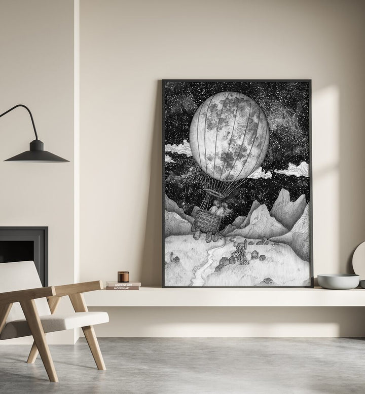 A whimsical interior showcasing the MOON BALLOON ORIGINAL, SURREAL ART PRINTS, perfect for adding vintage charm.