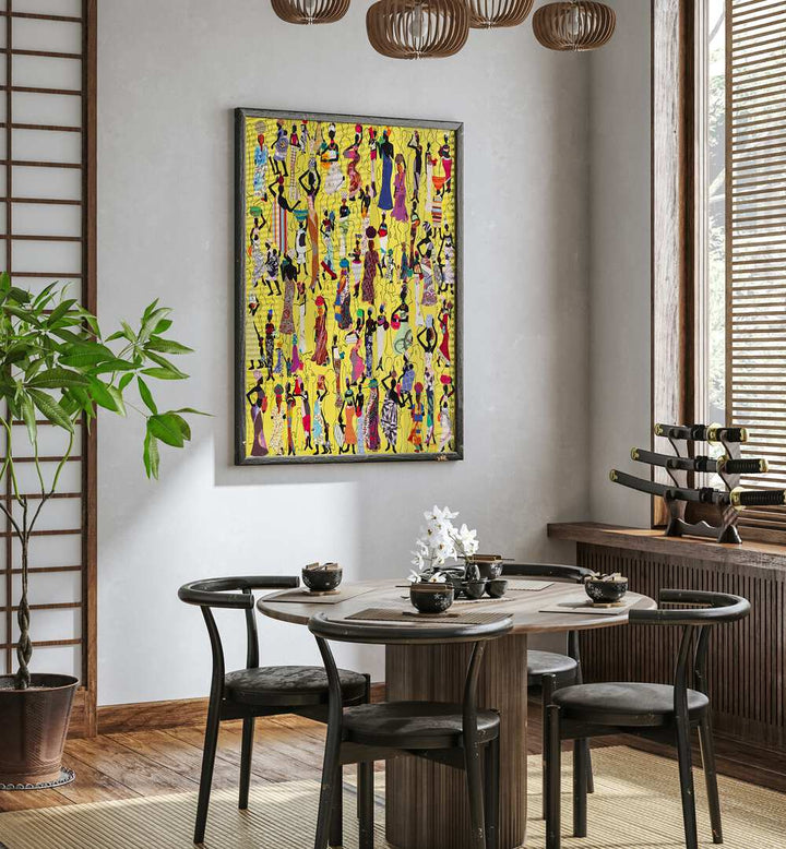 Colorful AFRICA, FASHION POSTERS adorn a stylish dining area, enhancing modern decor with vibrant cultural art.