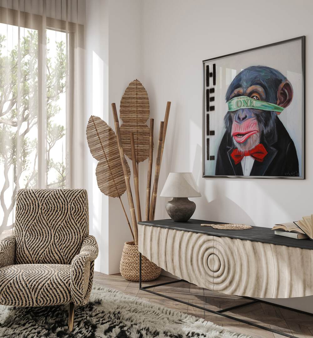 Vibrant interior featuring BLINDED BY MONEY, COMIC POSTERS, perfect for comic art enthusiasts and stylish decor.