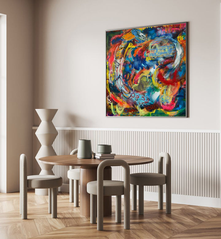 Colorful BRONX WALLL, ABSTRACT PAINTINGS transforming a modern dining space with vibrant artistic flair.