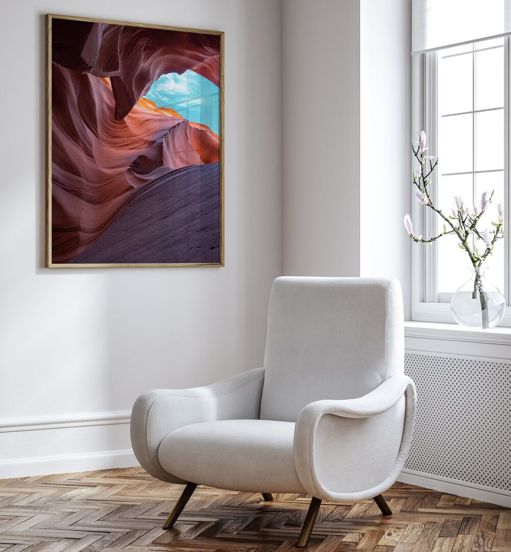 Stunning ANTELOPE CANYON, LANDSCAPE PAINTINGS showcasing vibrant red rock formations in a modern living space.