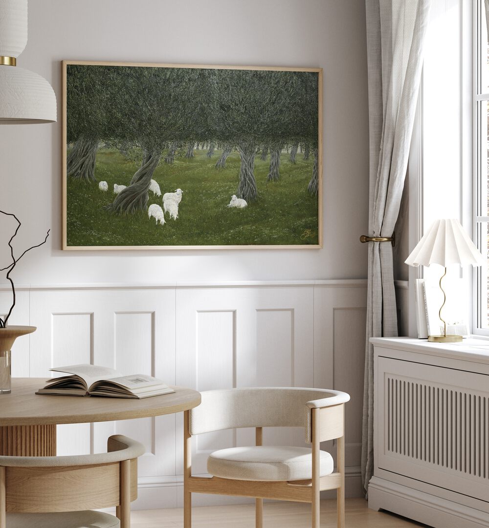 Elegant SHAMBLE GROVE, ANIMAL PAINTINGS adorns a cozy indoor space, enhancing any garden-themed decor.