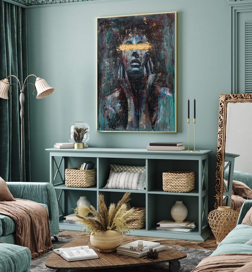 Stunning ENLIGHTENED , PORTRAITS artwork enhances a stylish living space with vibrant colors and dramatic details.