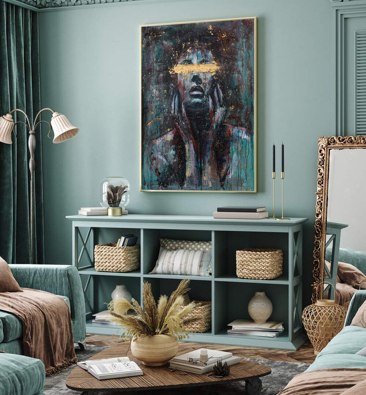 Stunning ENLIGHTENED , PORTRAITS artwork enhances a stylish living space with vibrant colors and dramatic details.