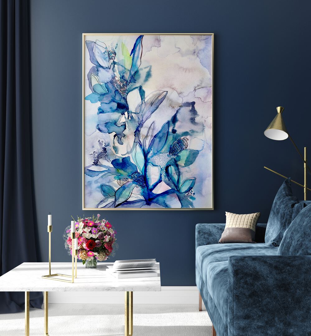 AQUA FLORAL, FLORAL FLOWER PAINTINGS displayed in a modern living room, enhancing stylish home decor.