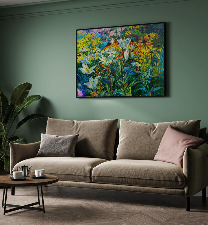 Bright interior featuring WHITE LILIES, FLORAL FLOWER PAINTINGS, enhancing elegance and beauty in any space.