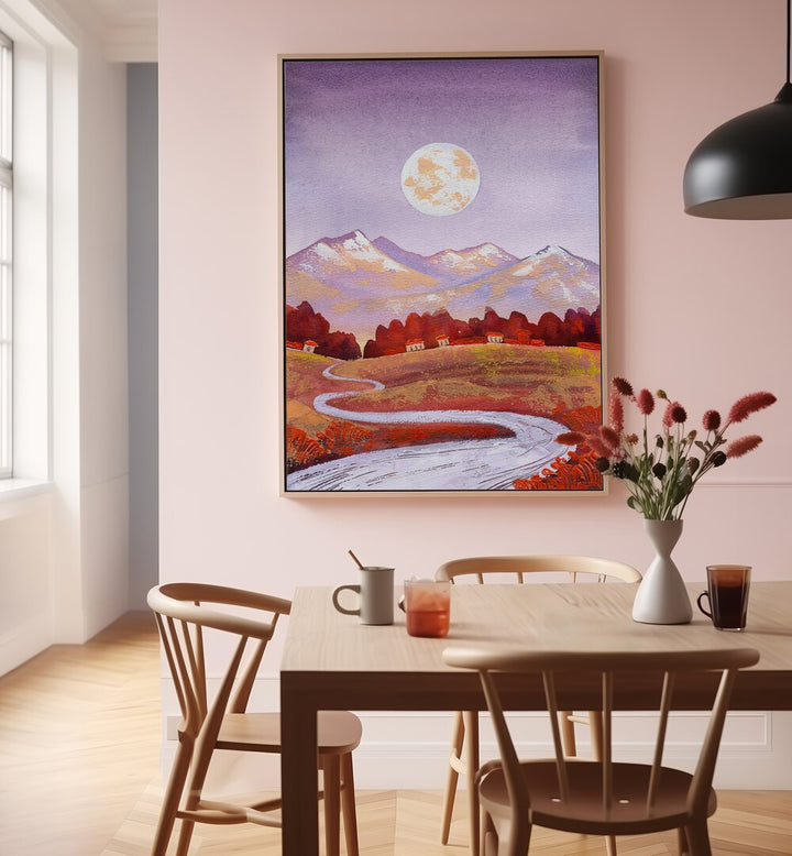Serene dining space featuring FULL MOON PURPLE, LANDSCAPE PAINTINGS that enhance any room with dreamy beauty.