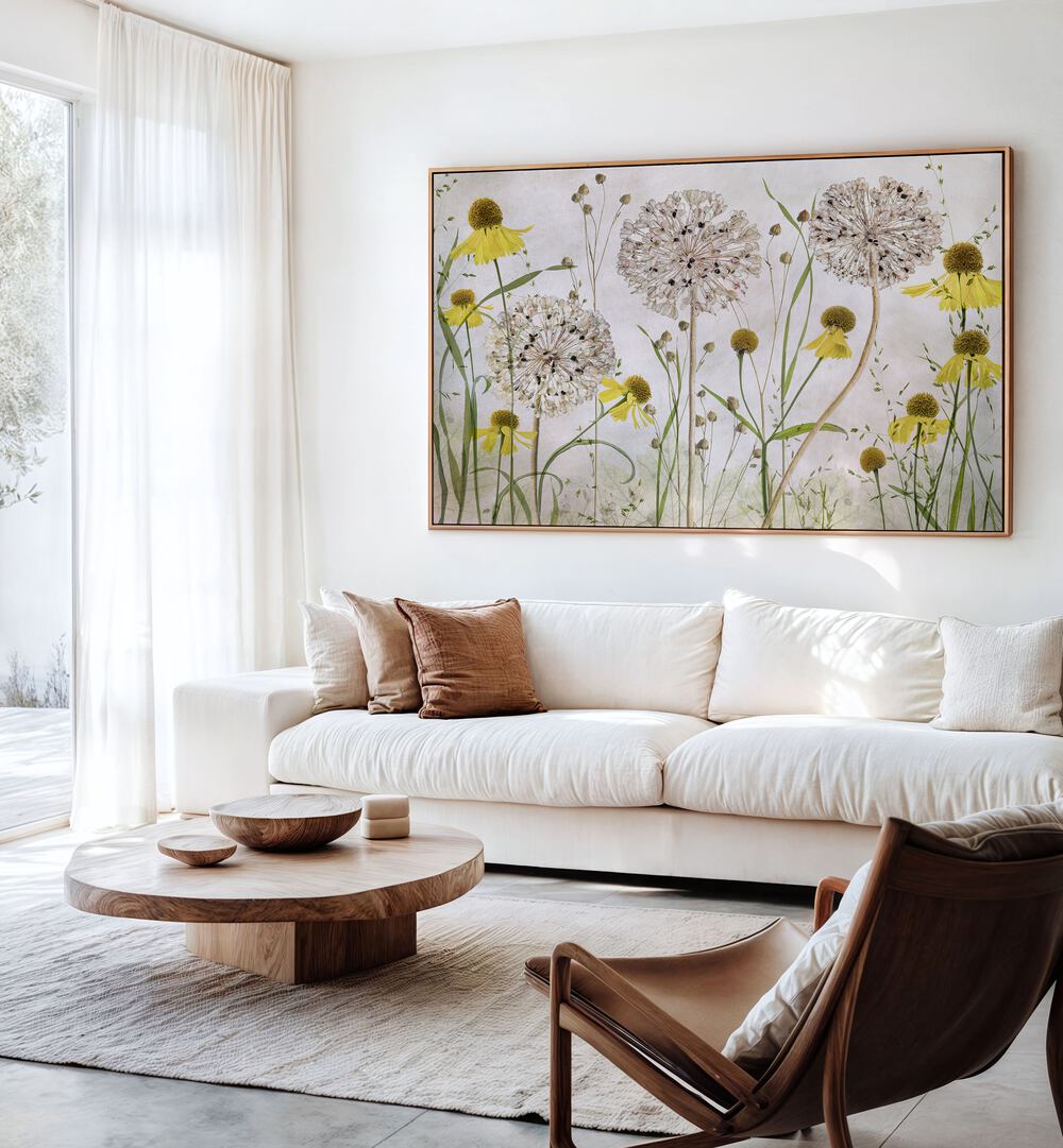 Vibrant ALLIUMS AND HELENIUMS, FLORAL FLOWER PAINTINGS adorn a modern living space, enhancing its beauty and charm.