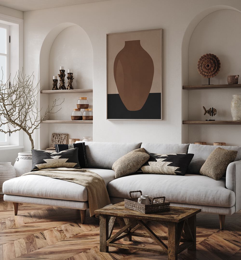 Stylish living room featuring TRIBAL SHAPES VIII, GEOMETRIC ART PRINTS, enhancing modern decor with cultural elegance.