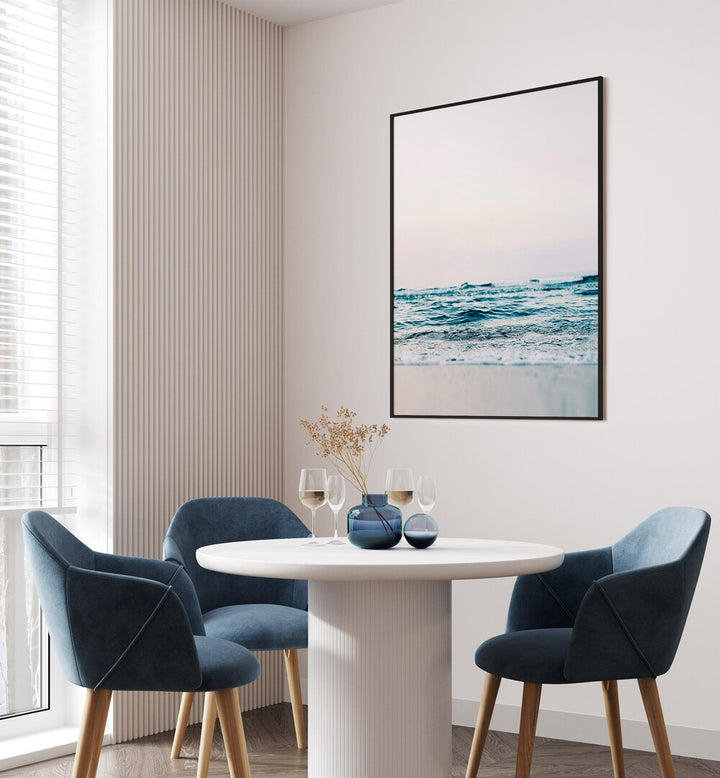 Stylish dining area featuring ABSTRACT WAVES, BEACH PAINTINGS, enhancing the modern spa-like ambiance.
