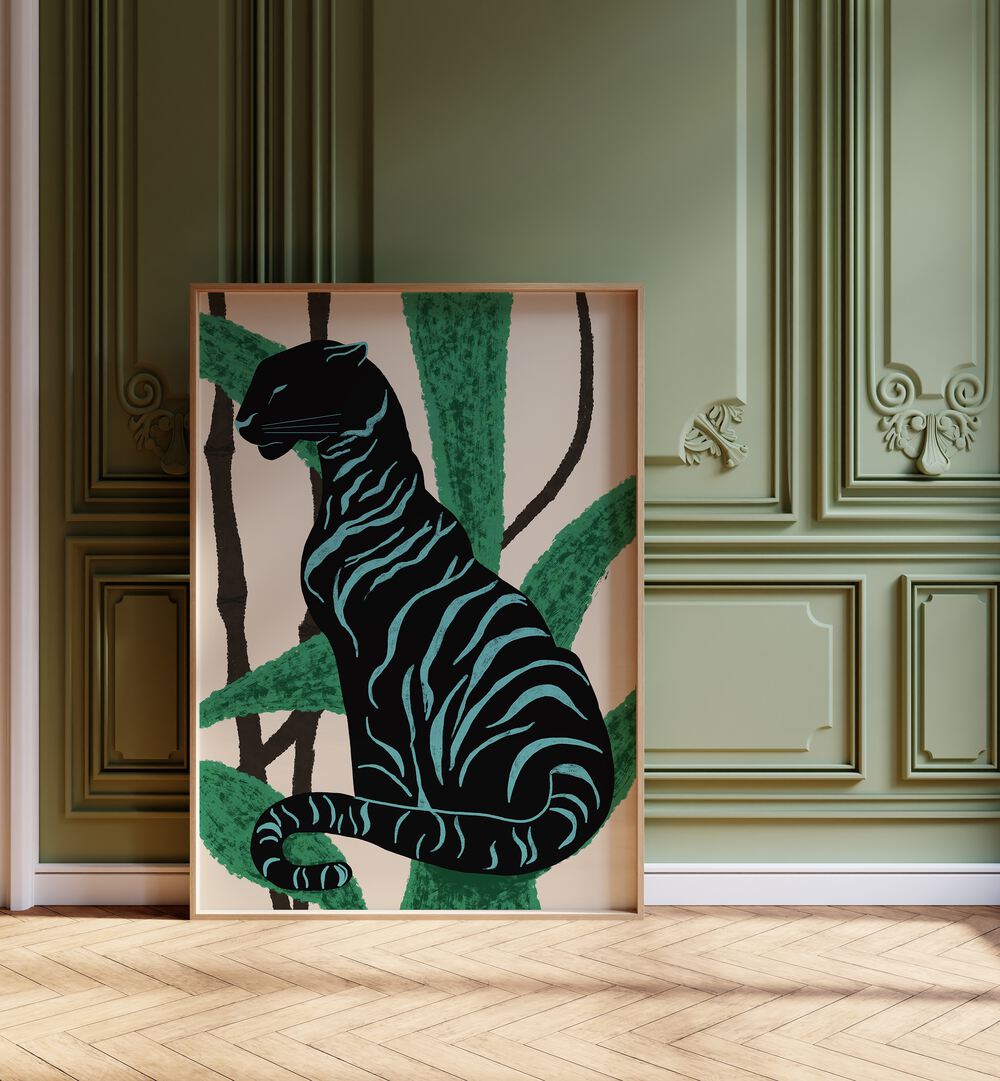 Vibrant BLACK CHARACTER, ANIMAL PAINTINGS featuring a striking black cat amid lush greenery, ideal for any art lover.