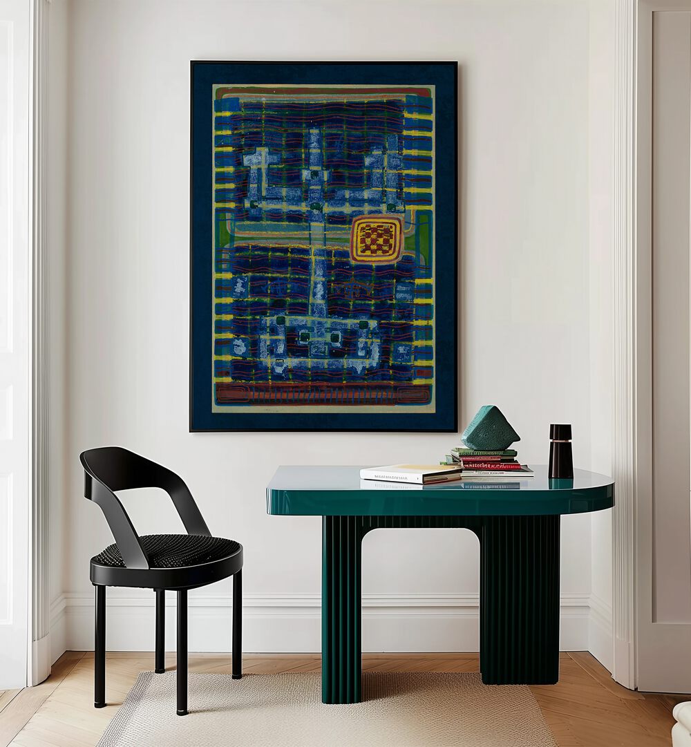 Stylish interior featuring SYMBOL BLAU, ABSTRACT PAINTINGS above a modern green table and black chair.