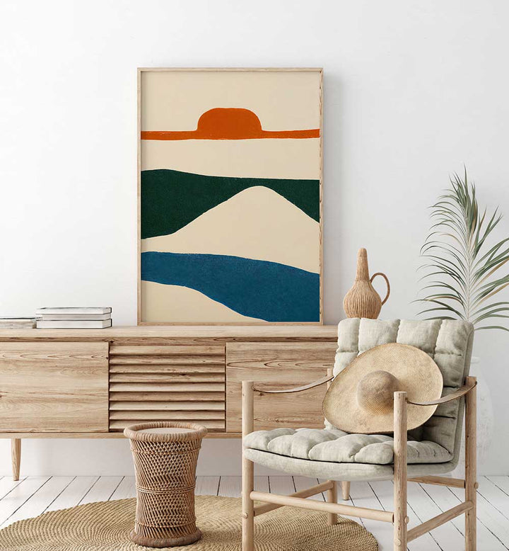 PUESTA DEL SOL , ABSTRACT PAINTINGS in natural tones displayed in a modern living space with wood furniture and decor.