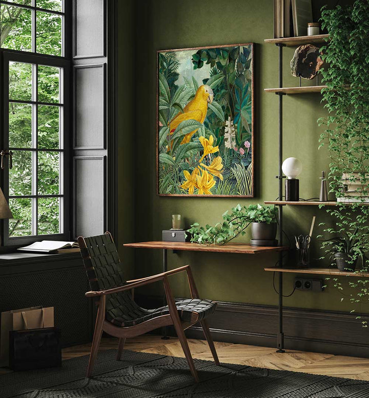 YELLOW PARROTS IN GREEN , ANIMAL PAINTINGS