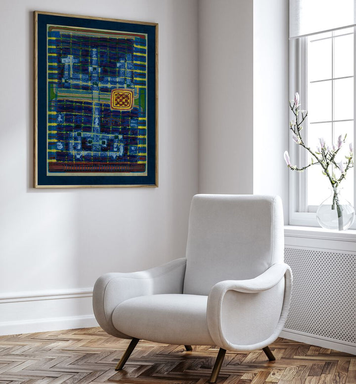 Stylish living room featuring SYMBOL BLAU, ABSTRACT PAINTINGS, enhancing modern decor with vibrant colors.