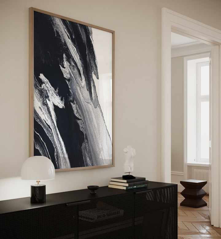 Elegant BLACKANDWHITESTORM STD, ABSTRACT PAINTINGS adorn a stylish wall, showcasing modern art's captivating contrasts.