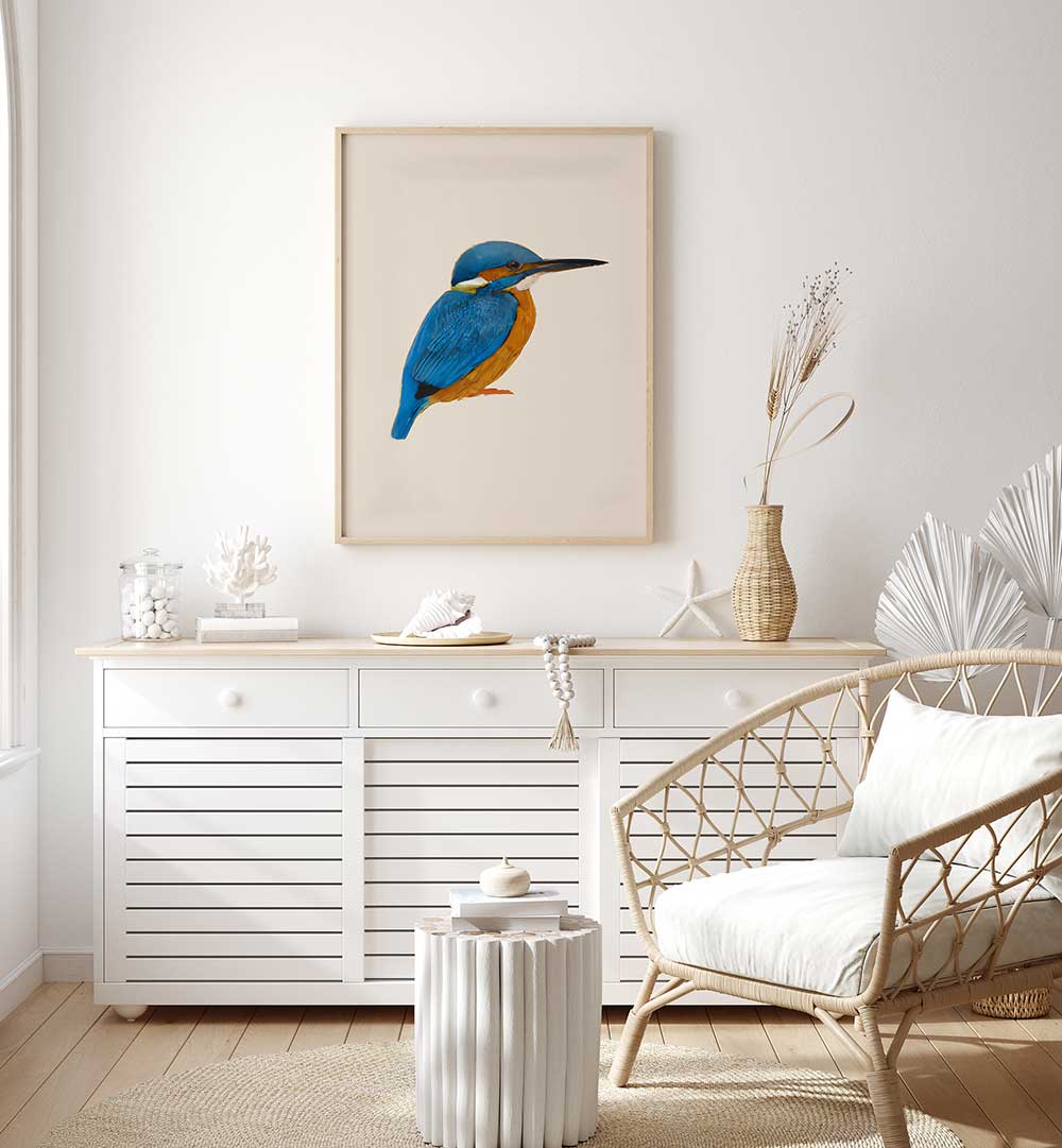 RAINFOREST REBEL , ANIMAL PAINTINGS featuring a vibrant blue and orange kingfisher in a modern living room setting.