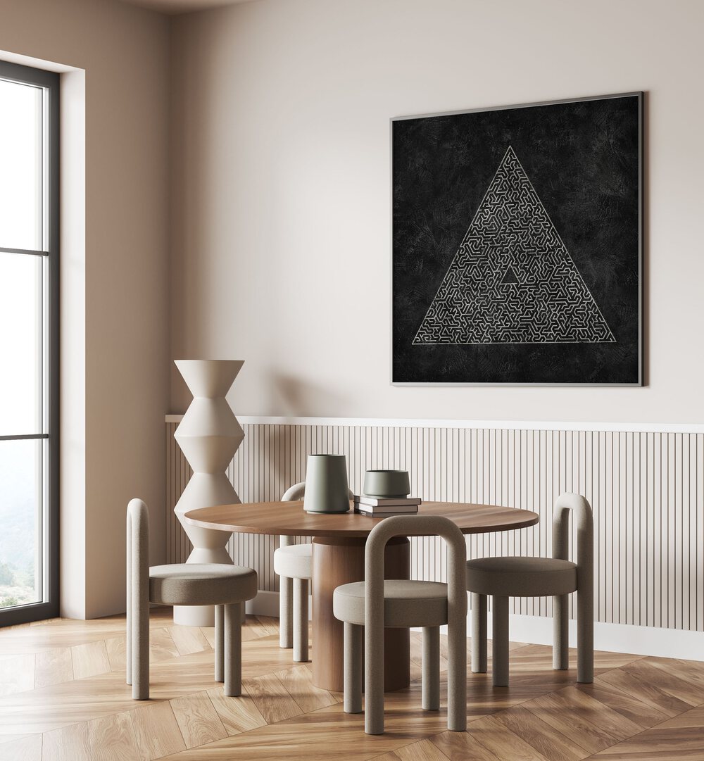 Stylish dining area featuring THE PYRAMID MAZE ESCAPE II, GEOMETRIC ART PRINTS, enhancing modern decor with abstract design.
