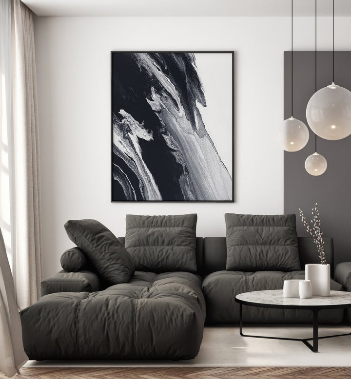 Stylish BLACKANDWHITESTORM STD, ABSTRACT PAINTINGS enhancing modern living spaces with dynamic contrasts and minimalism.