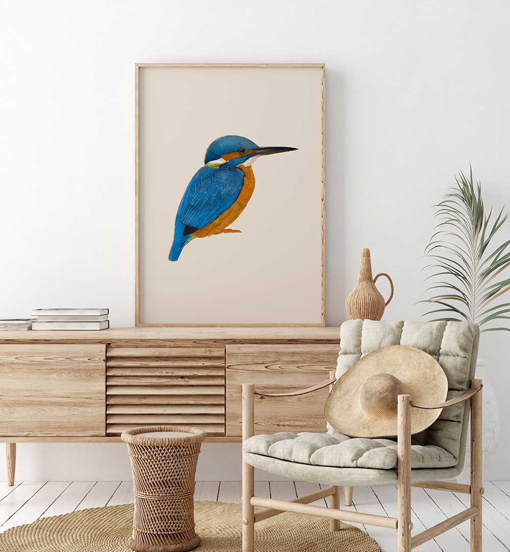 RAINFOREST REBEL , ANIMAL PAINTINGS featuring vibrant blue and orange kingfisher bird art in a modern natural living space.