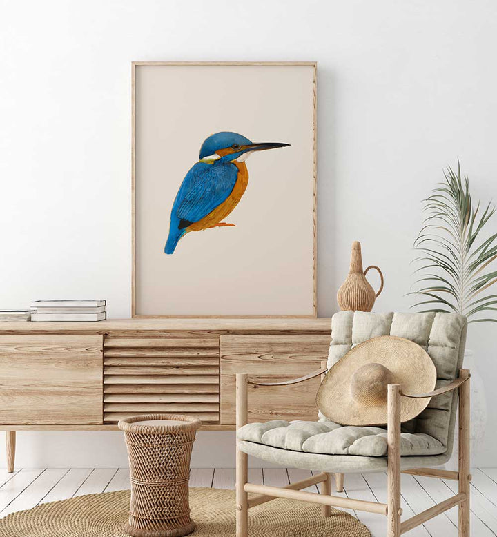 RAINFOREST REBEL , ANIMAL PAINTINGS featuring vibrant blue and orange kingfisher bird art in a modern natural living space.
