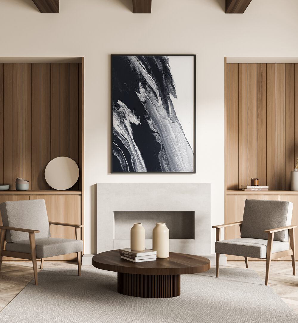 Elegant living space featuring BLACKANDWHITESTORM STD, ABSTRACT PAINTINGS, showcasing dynamic contrasts and minimalist design.