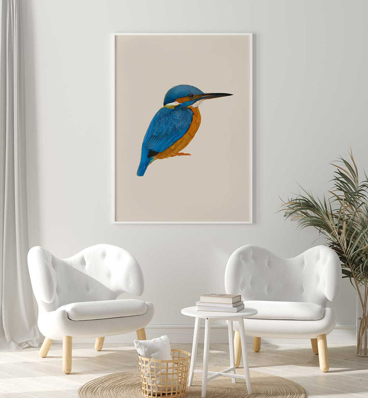 RAINFOREST REBEL , ANIMAL PAINTINGS featuring vivid blue and orange kingfisher bird artwork in a modern living room setting