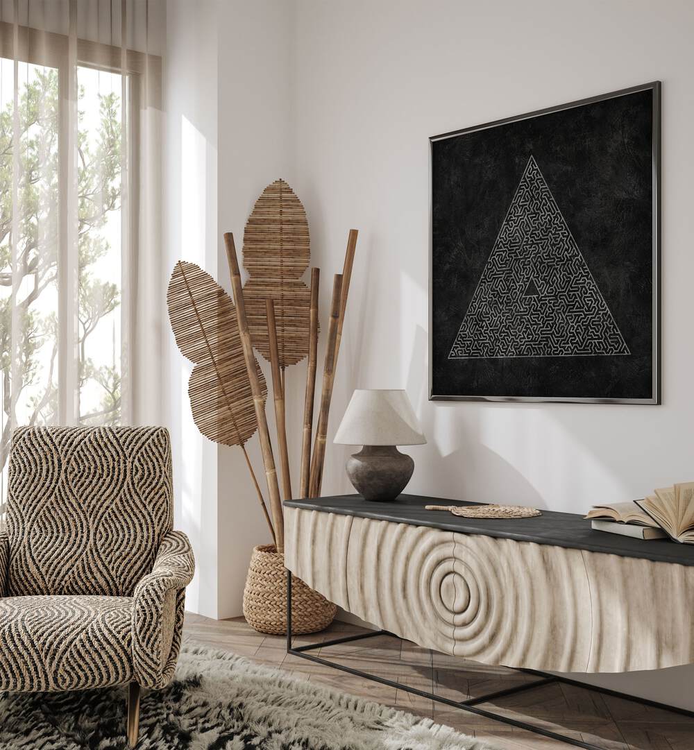 Stylish living room featuring THE PYRAMID MAZE ESCAPE II, GEOMETRIC ART PRINTS, enhancing modern decor with abstract elegance.