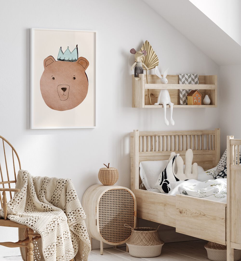 Charming LITTLE BEAR, KIDS ROOM PAINTINGS enhance a cozy nursery with playful decor and soft, neutral tones.