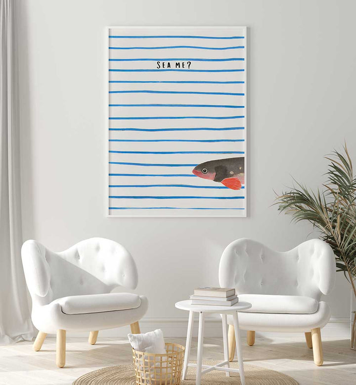 SEA ME , BEACH PAINTINGS featuring a minimalist fish and blue stripes, bringing coastal serenity to modern interiors.