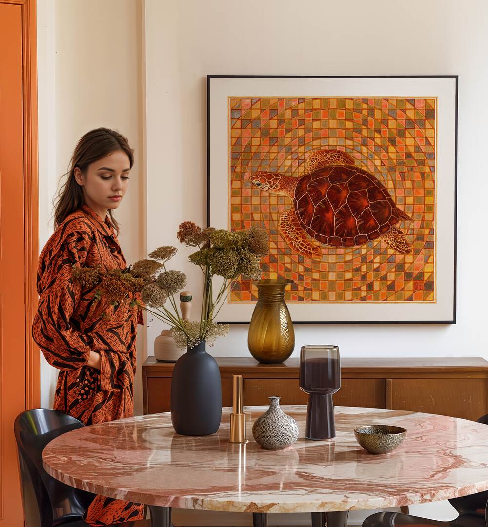 TORTUGA I, ANIMAL PAINTINGS displayed in a stylish interior with a woman arranging flowers around a dining table.