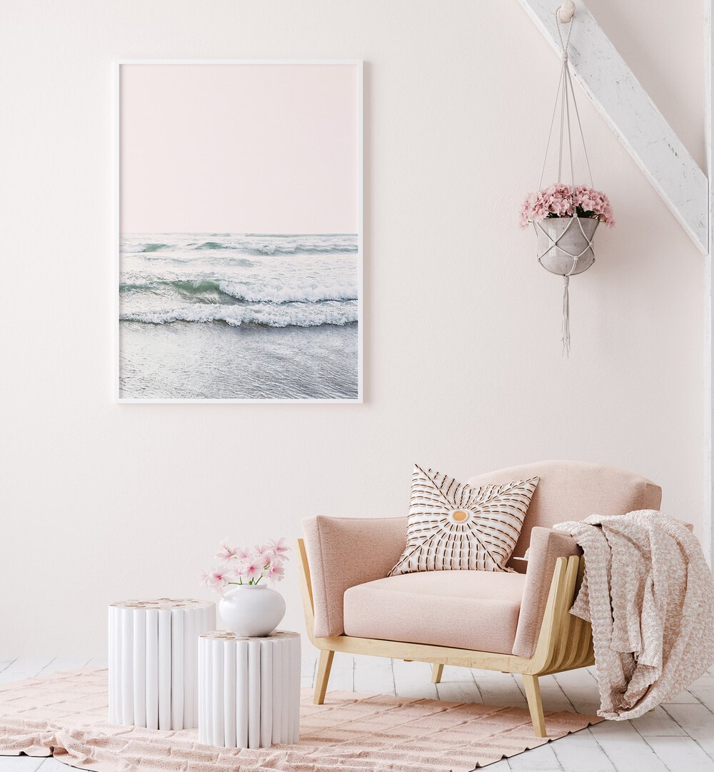 Serene BLUSH OCEAN, BEACH PAINTINGS create a tranquil ambiance, perfect for enhancing your home decor.