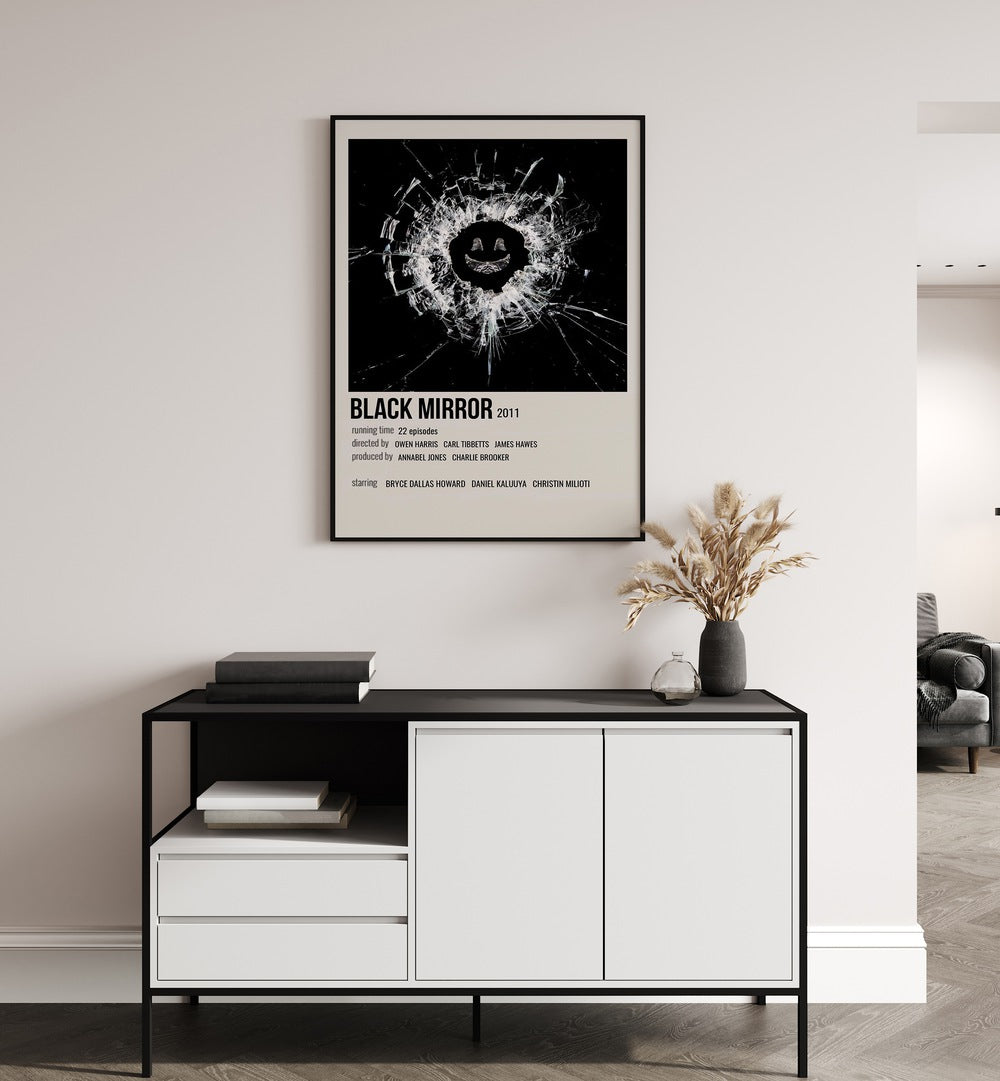 Black Mirror 2011 i Movie Posters in Black Plain Frame hanging on wall above console table