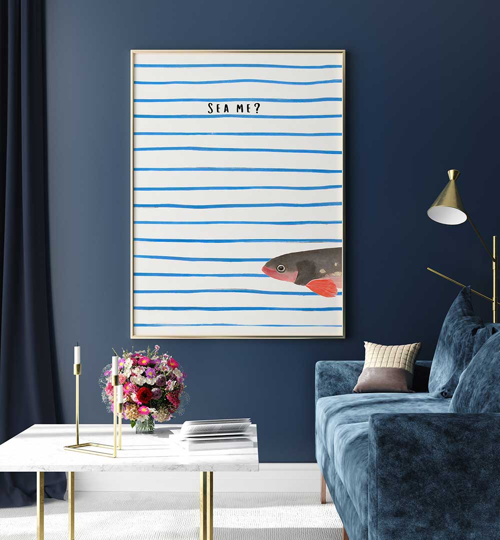 SEA ME , BEACH PAINTINGS featuring minimal blue stripes and fish design to bring coastal calm to your living space.