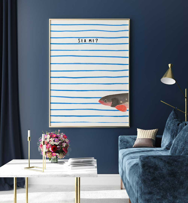 SEA ME , BEACH PAINTINGS featuring minimal blue stripes and fish design to bring coastal calm to your living space.