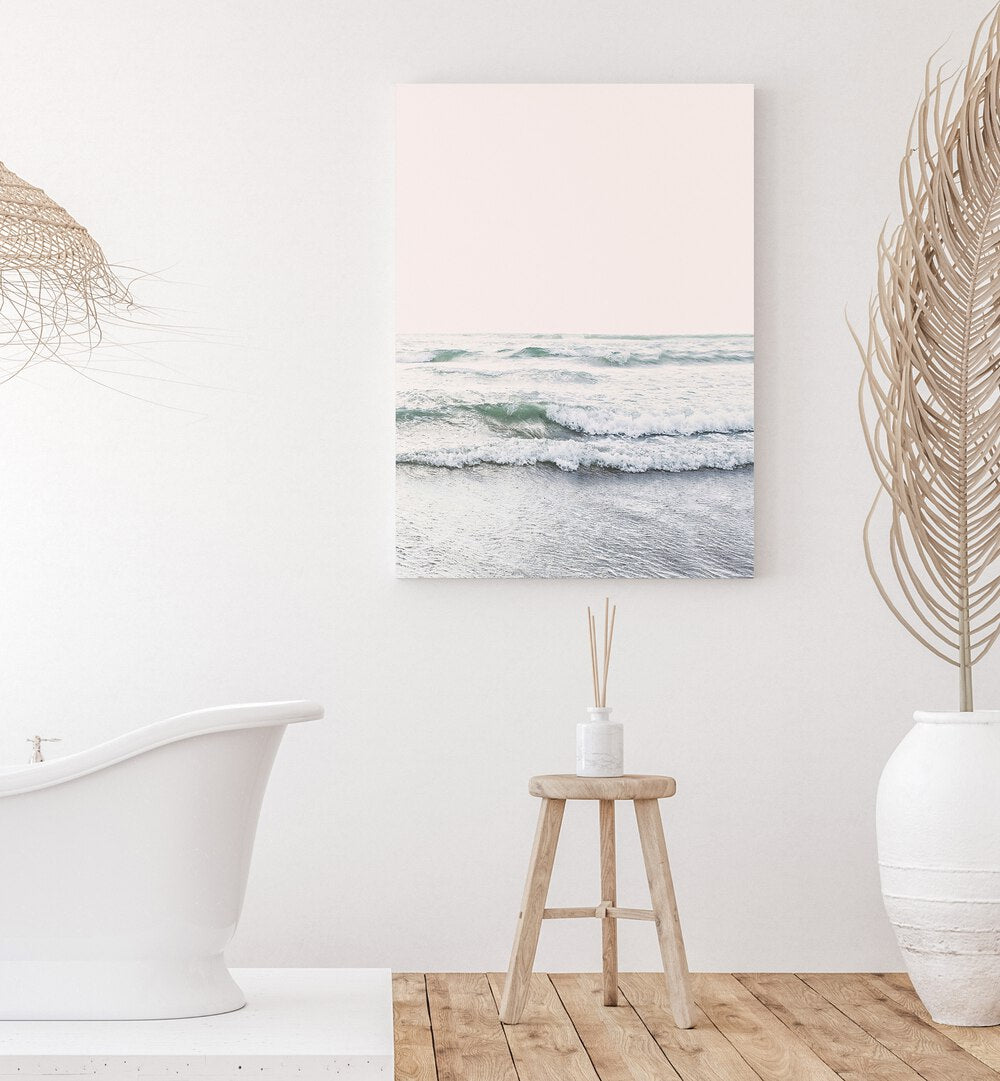 Serene BLUSH OCEAN, BEACH PAINTINGS, enhancing tranquil home decor with soothing dusk hues and coastal beauty.