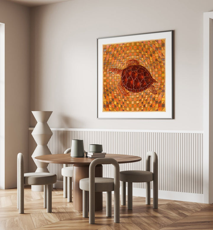 TORTUGA I, ANIMAL PAINTINGS showcases a stunning turtle artwork in a modern dining setting, perfect for any home.