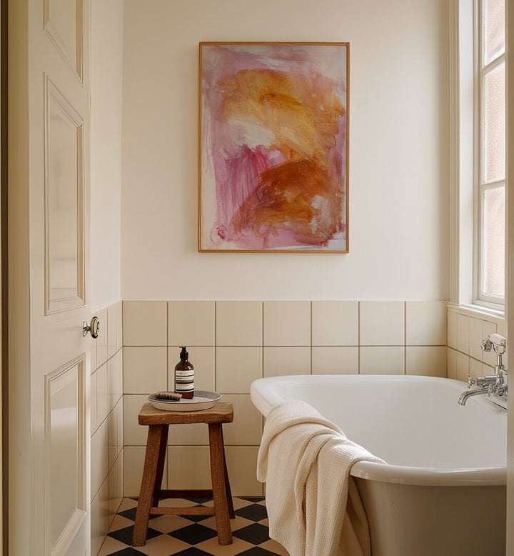 Abstract painting "LOVE & MERCY" enhances a serene bathroom, adding warmth and style to the space.