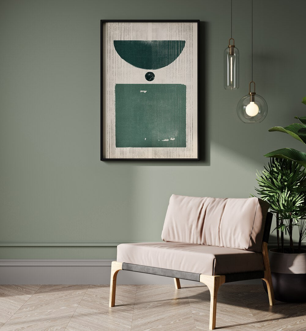 SOME EMERALD AFFAIRS, GEOMETRIC ART PRINTS adorn a stylish room with abstract 3D shapes and modern design elements.