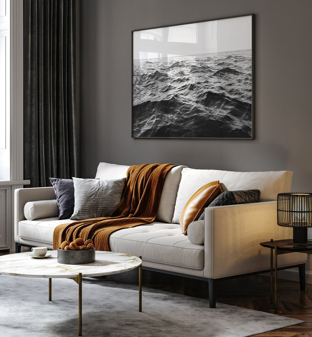 Stylish living room featuring WAVY HORIZON BW, BEACH PAINTINGS, enhancing contemporary decor with fluid wave patterns.