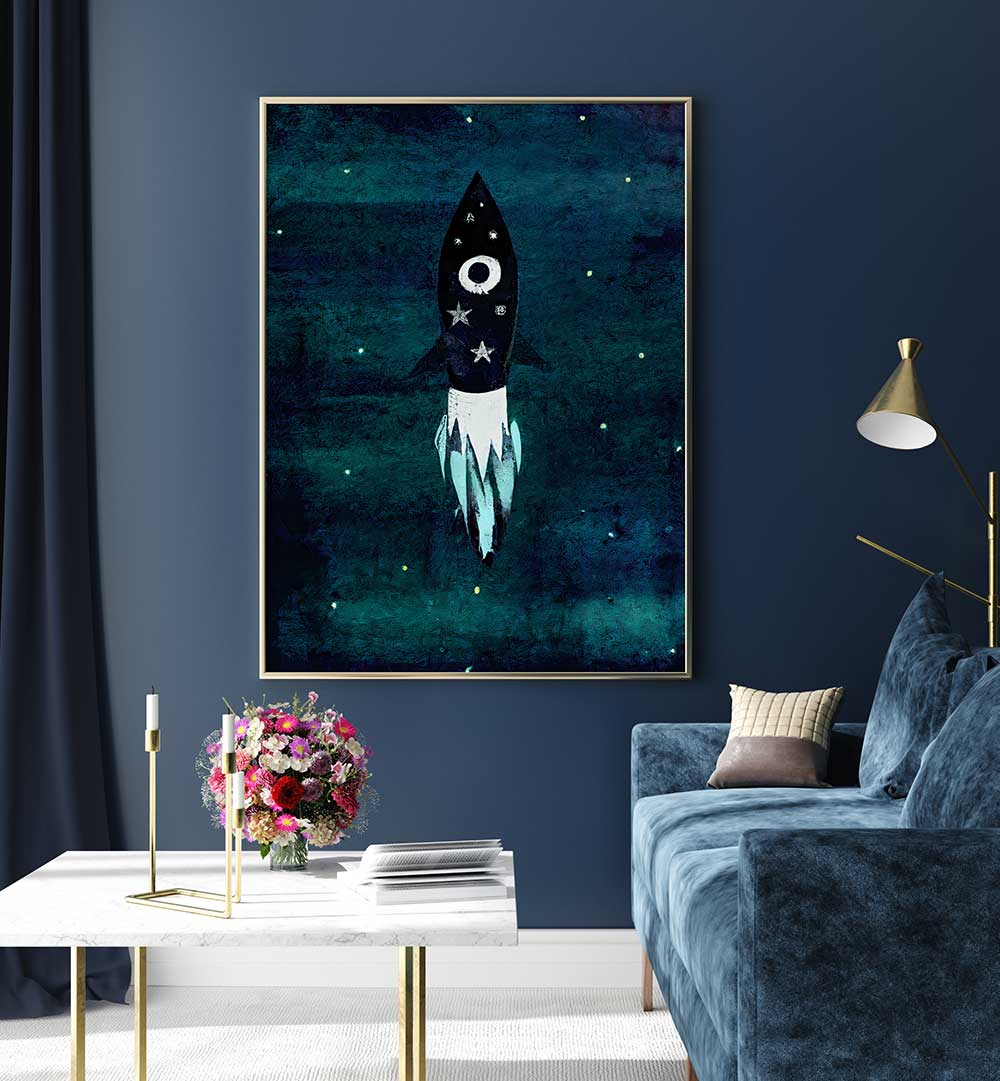 Vibrant SKY ROCKET HIGH , KIDS ROOM PAINTINGS featuring a playful rocket design, perfect for inspiring creativity in kids' rooms.