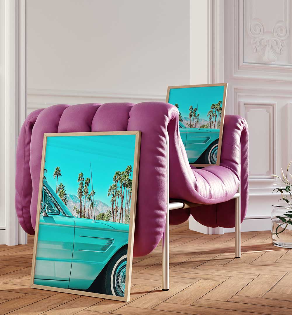 TEAL THUNDERBIRD IN PALM SPRINGS , PHOTOGRAPHY PRINTS