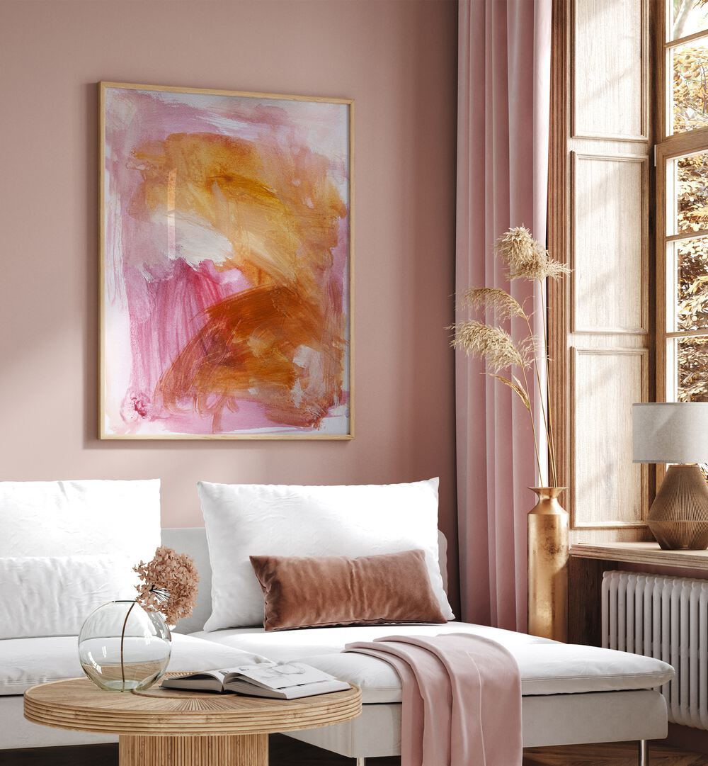 Abstract painting titled "LOVE & MERCY" enhances the cozy living space with vibrant colors and artistic flair.