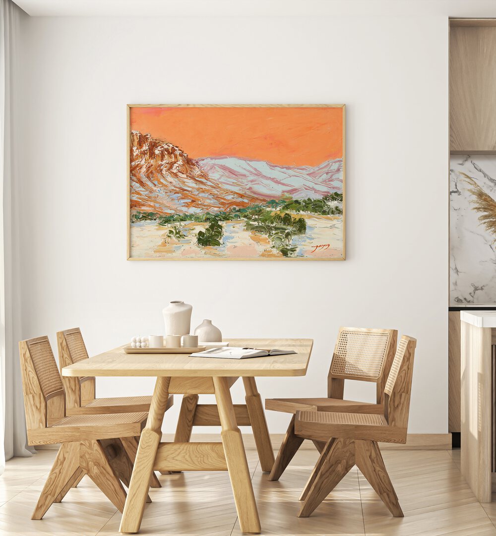Vibrant MOUNTAIN, LANDSCAPE PAINTINGS adorn a modern dining space, enhancing style and warmth in any home.